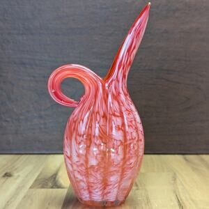 Vintage Lefton Red White Orange Swirl Hand Blown Vase Pitcher Swung Art Glass